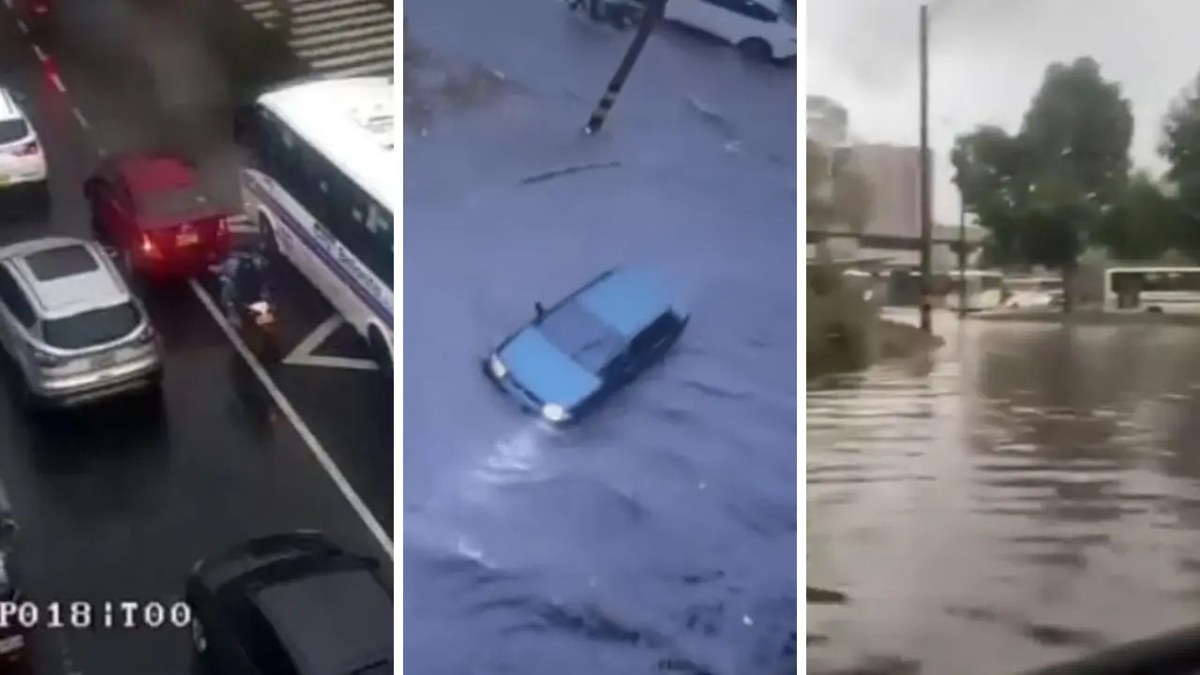 Montaje con vehículos en calles inundadas y congestión durante las lluvias en Medellín.