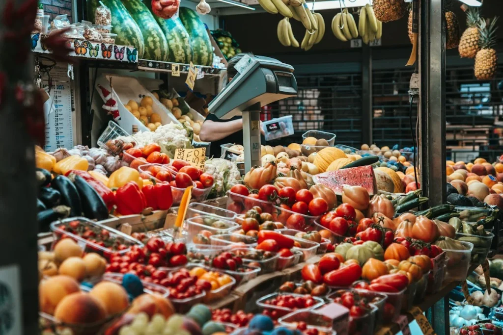 Tomates, pimentones, melones y otras frutas y verduras junto a una báscula de mercado. Referencia a inseguridad alimentaria en Antioquia