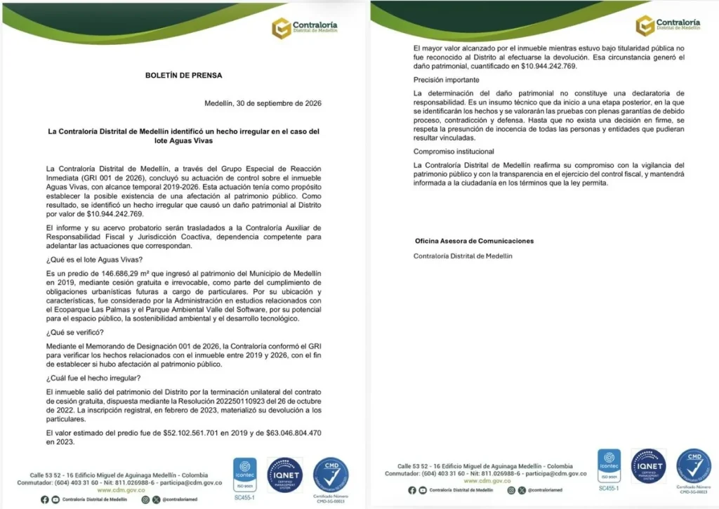 Boletín de la Contraloría de Medellín sobre el daño patrimonial identificado en Aguas Vivas.
