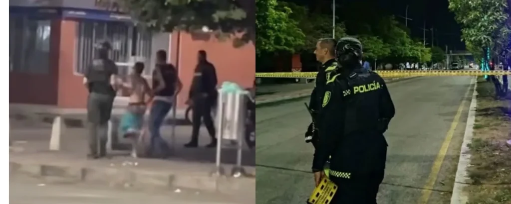 Composición de dos fotografías con personas frente a una edificación y policías junto a una calle acordonada. Referencia a ataque con drones en Aguachica.