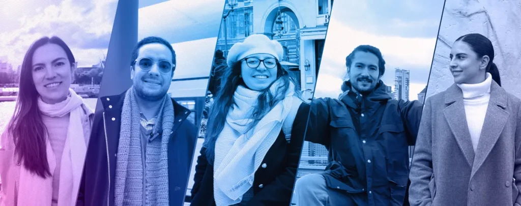 Composición con fotografías de cinco beneficiarios de Colfuturo en el exterior.