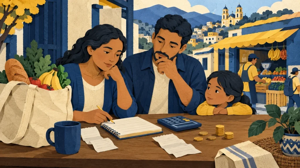 Ilustración de un presupuesto doméstico con calculadora, libreta, monedas y alimentos. Referencia a crecimiento de Colombia