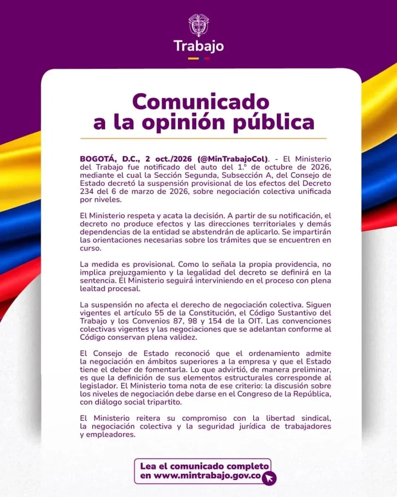 Comunicado del Ministerio del Trabajo sobre la suspensión del Decreto 234 de 2026.