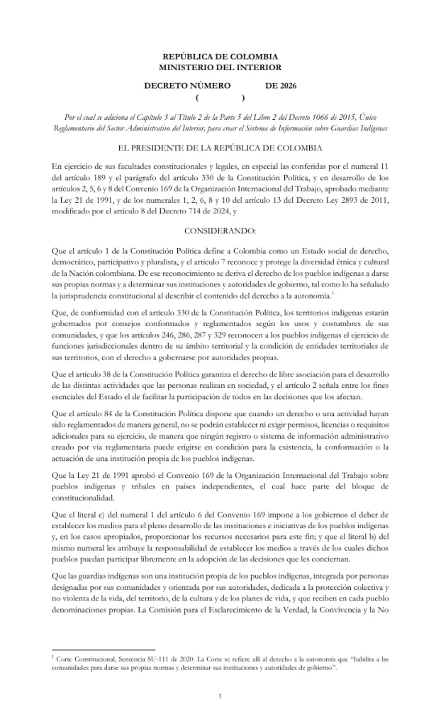 Primera página del borrador del Ministerio del Interior sobre guardias indígenas.