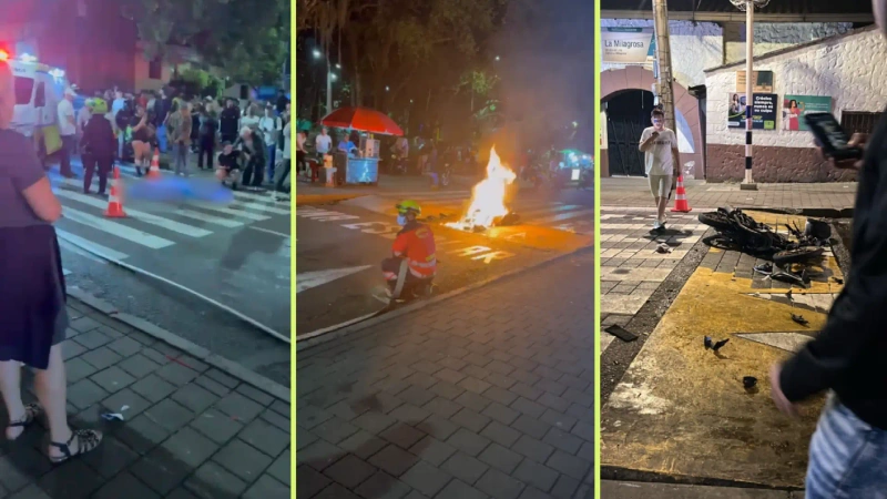 Composición del lugar del siniestro en La Milagrosa, el incendio de la motocicleta y sus restos.